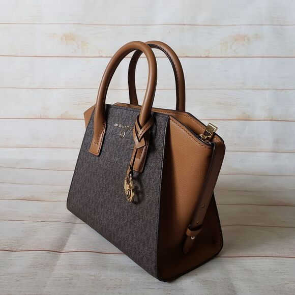 Michael Kors Signature Logo Avril Top Zip Satchel/Crossbody Handbag Small Brown - Picture 3 of 16